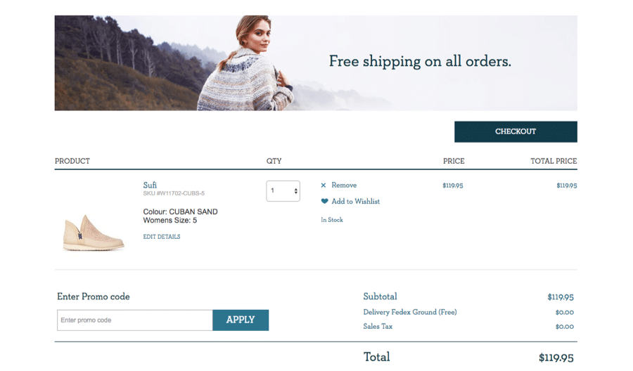 How to assure your users that there will be no additional costs? Emu Australia does this in a really nice way: at the top of the page we can see that free shipping is available, plus - in the subtotal - delivery and sales tax are not applicable (N/A). Therefore, from the very beginning we know that the total will never exceed 119.95 USD.