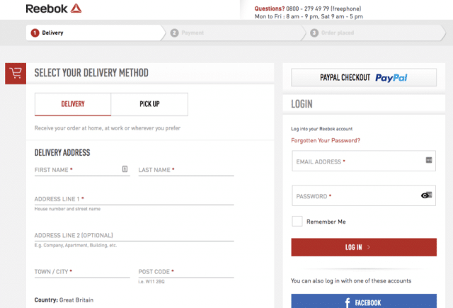 Reebok does this in the right way: no one is forced to register, they just ask about the delivery address, which is obvious in an online shop. And if I am a returning customer I can login, but I don't have to. Later in the process I could create an account: and after my very nice experience in the Reebok shop (with the great in-line validation I showed you before), I'll definitely do that!