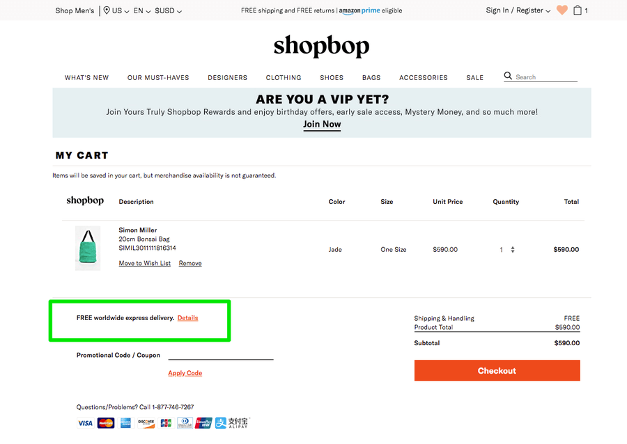 Free shipping USP in a ecommerce shopping cart