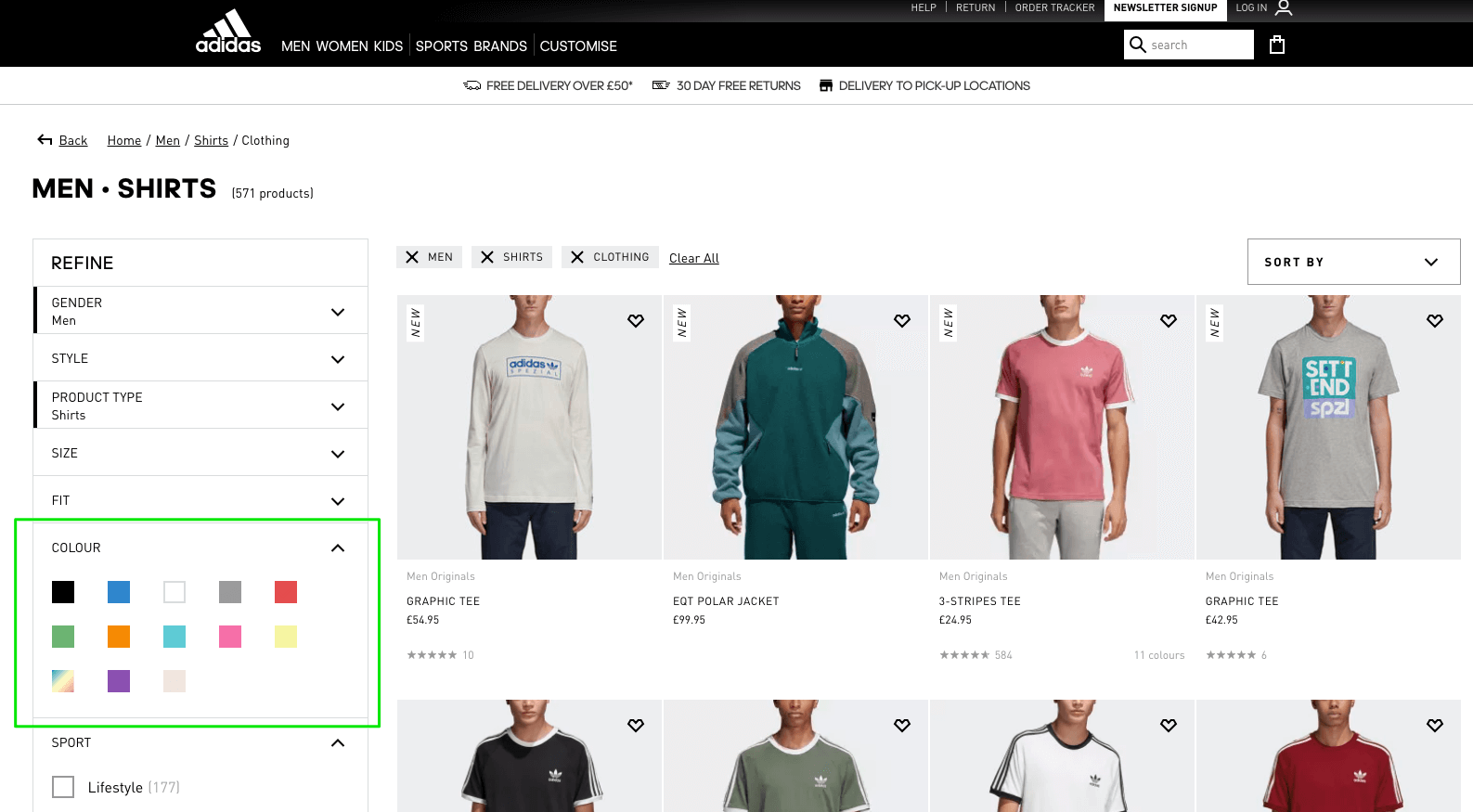 Available colors of clothes shown on Adidas online store product listing