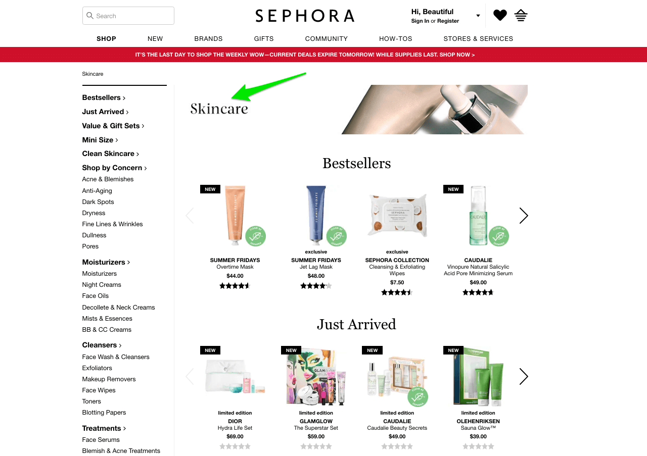 Sephora includes a category headline and showcases top-performing products above the fold. 