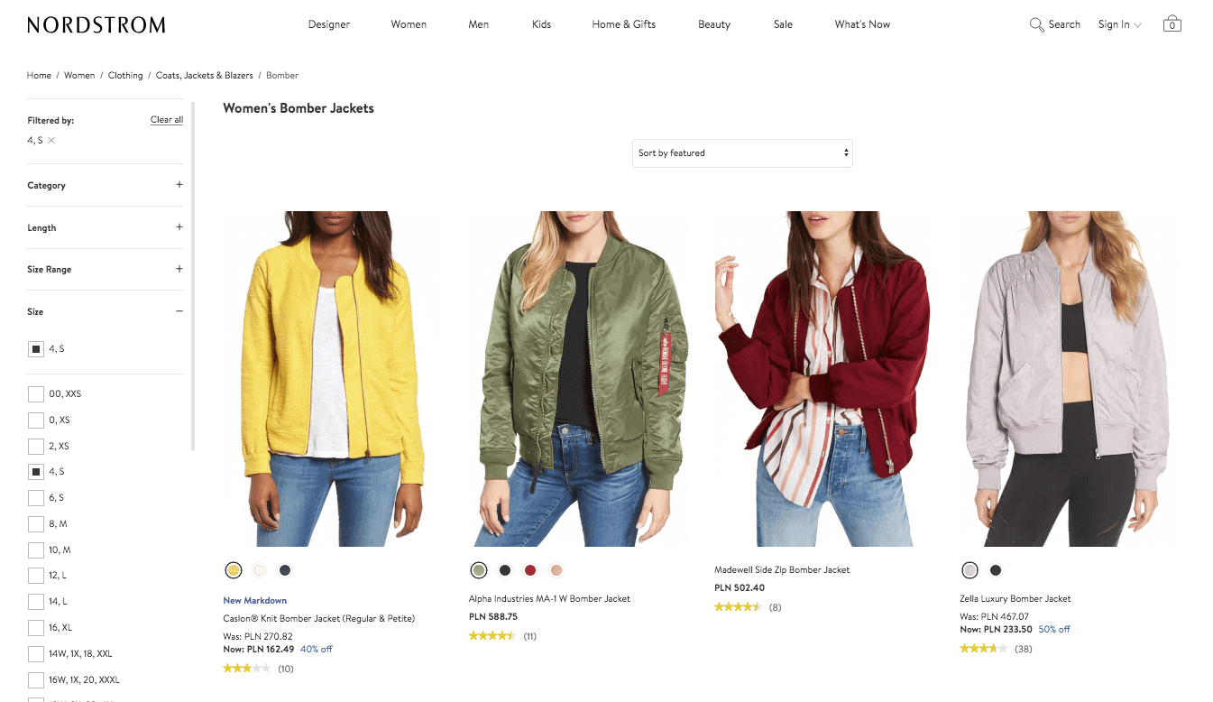 Available products and sizes in Nordstrom ecommerce