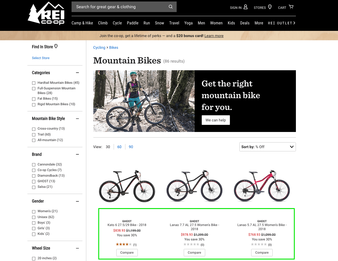 REI includes the difference between the previous price and the discounted one as a percentage, re-emphasizing the offer twice. 