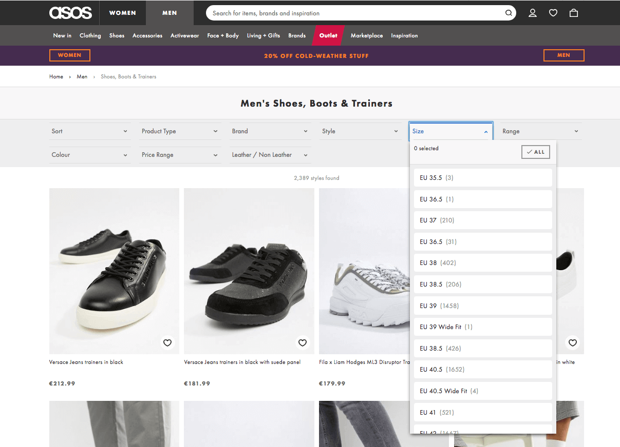 Advanced filters on the Asos product listing page