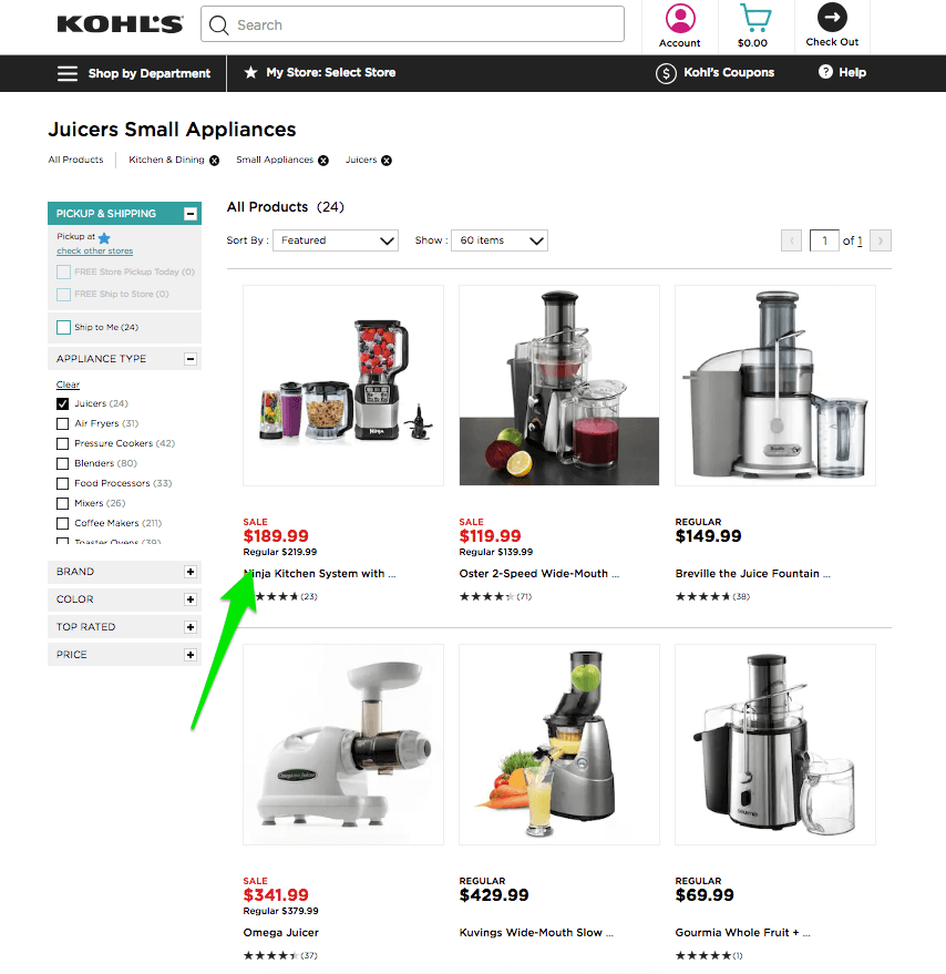 Highlighted sale prices with a red font on a product listing page