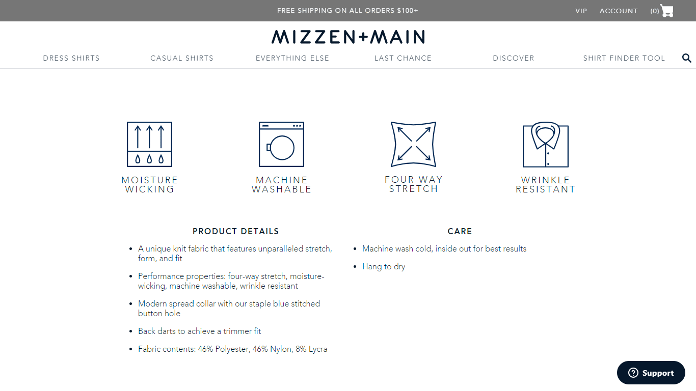 Mizzen and Main showcases its main value proposition on all of its product pages.