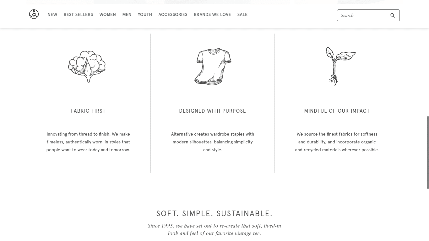 Alternative Apparel describe its value proposition in detail on the homepage