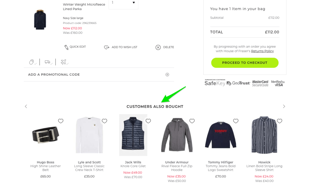 Showing cross-sells on a shopping cart