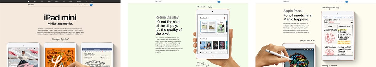 The main product page for the Ipad Mini is sleek and simple