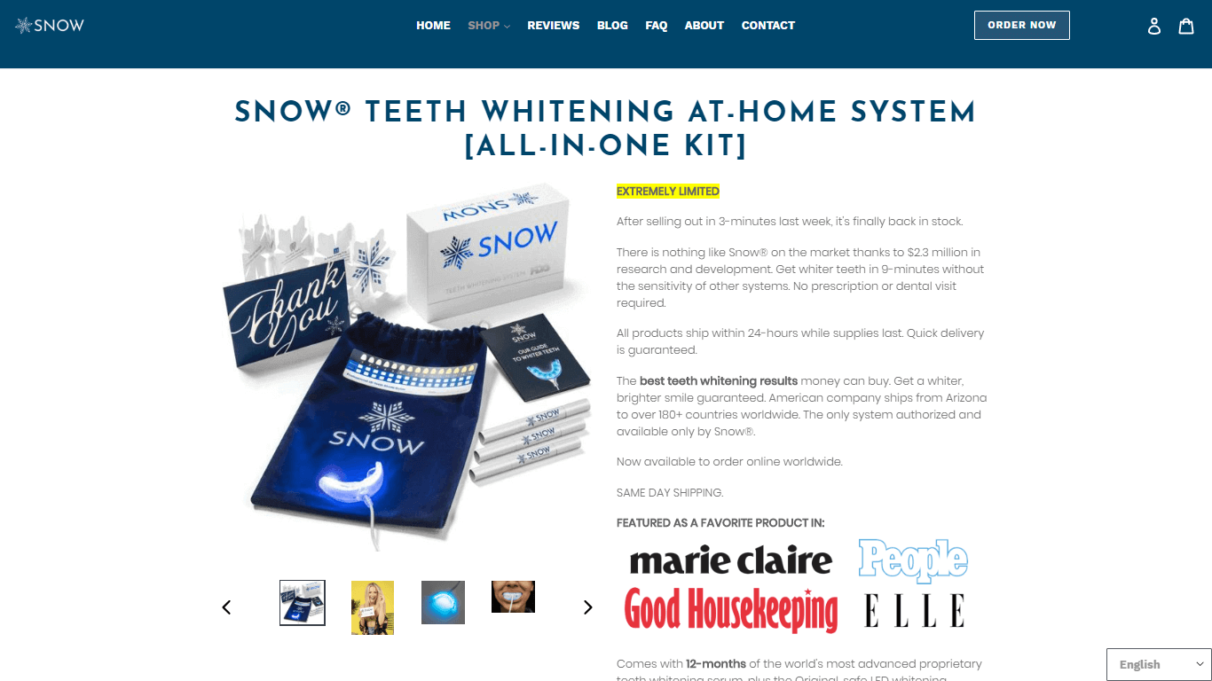 Snow a company that sells teeth whitening products shows logos of the magazines its been positively mentioned in just under the main product description