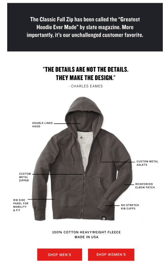 American Giant with their hoodie describing email