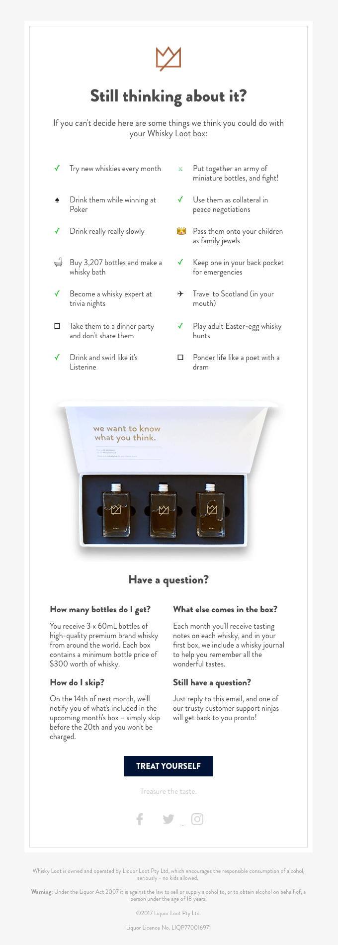 Whisky Loot Box with their "Still thinking about it" email