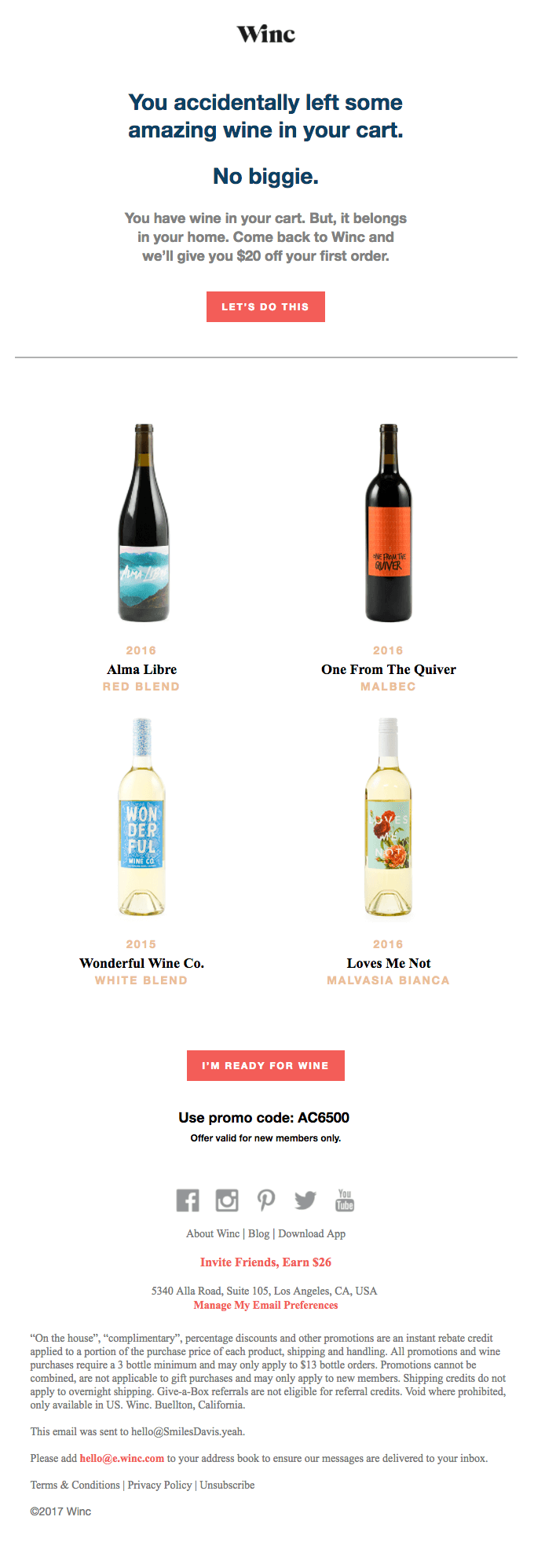 Winc with their "You forgot something unforgettable" email