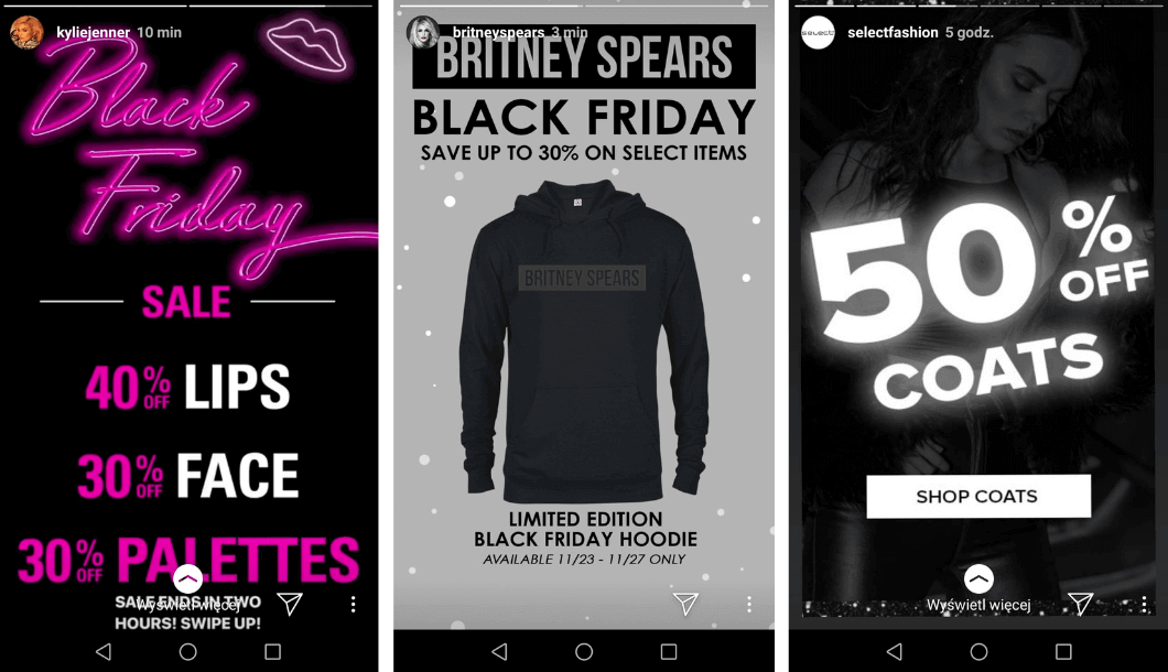 Examples of Black Friday offers on instastories