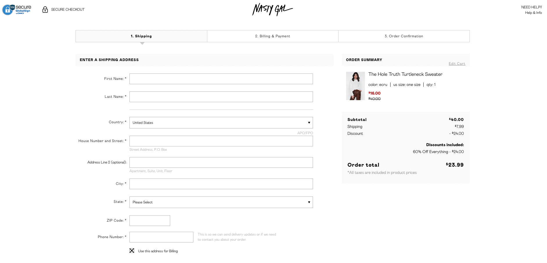 Nasty Gal highlighting discounts in the checkout form