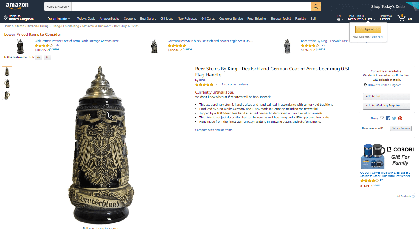 An example of a discontinued product page on Amazon