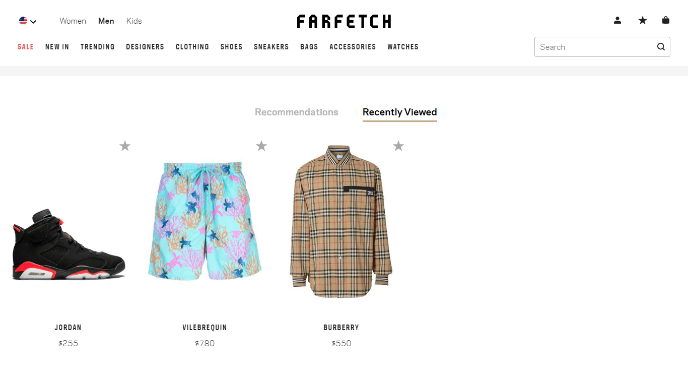 Farfetch shows recently viewed products