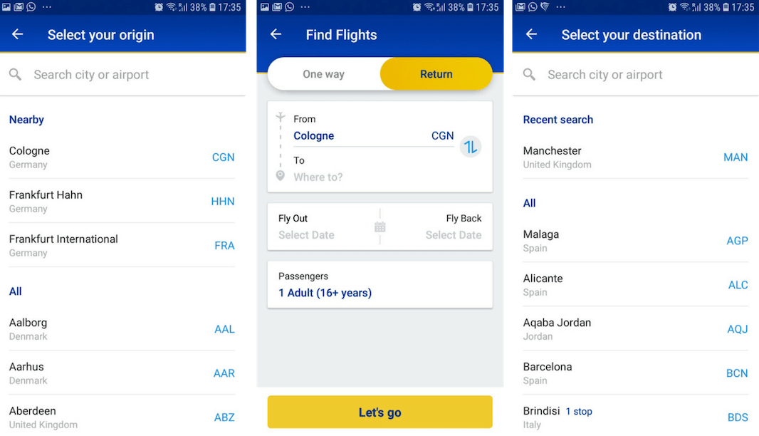 Ryanair pre-fills search options based on past searches, purchases, and location