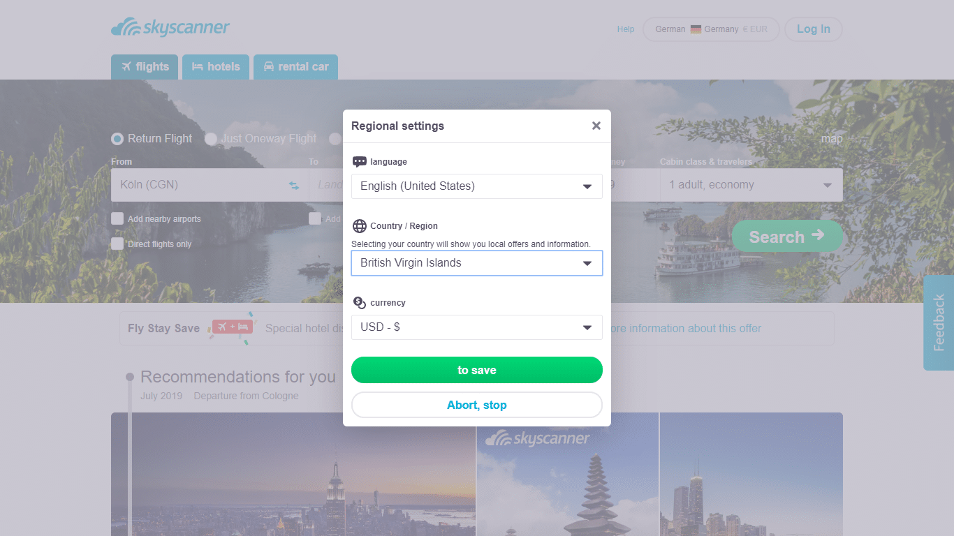 Skyscanner makes site-wide personalization options easy to access