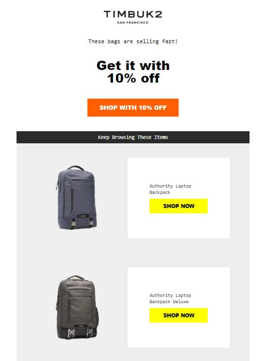 Timbuk 2 reminds customers of items they previously viewed and offers a 10% discount