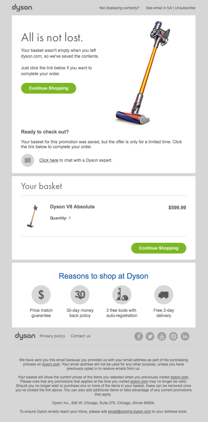 Dyson and their cart abandonment email