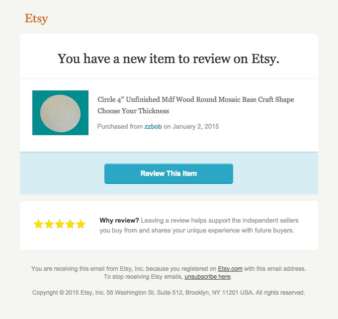 Etsy and their "Leave a review" email