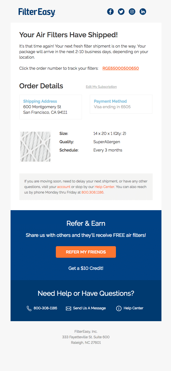 Filter Easy and their shipping update email