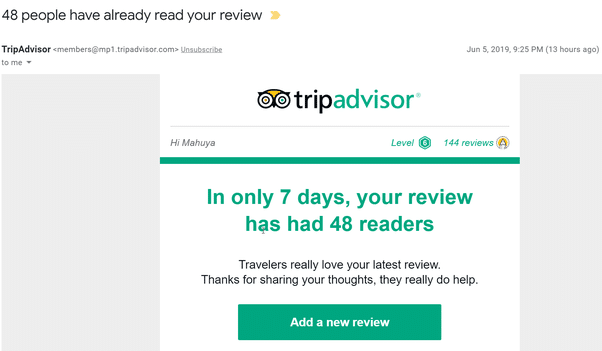 Trip Advisor and their "People have read your review" email