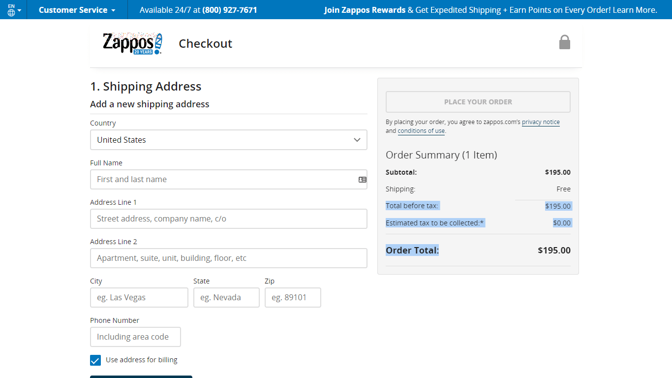 Zappos shows a logo on the checkout form.