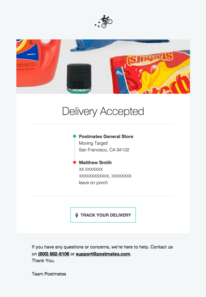 Postmates and their delivery update email
