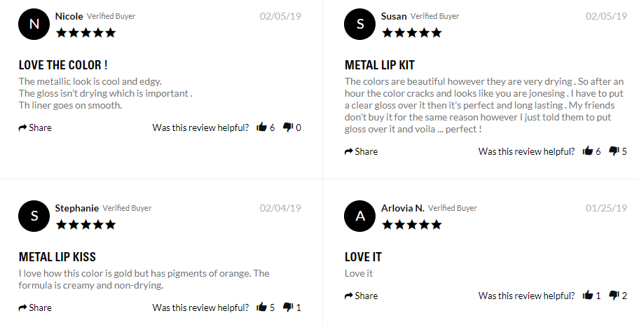 Kylie Cosmetics feature reviews on product pages