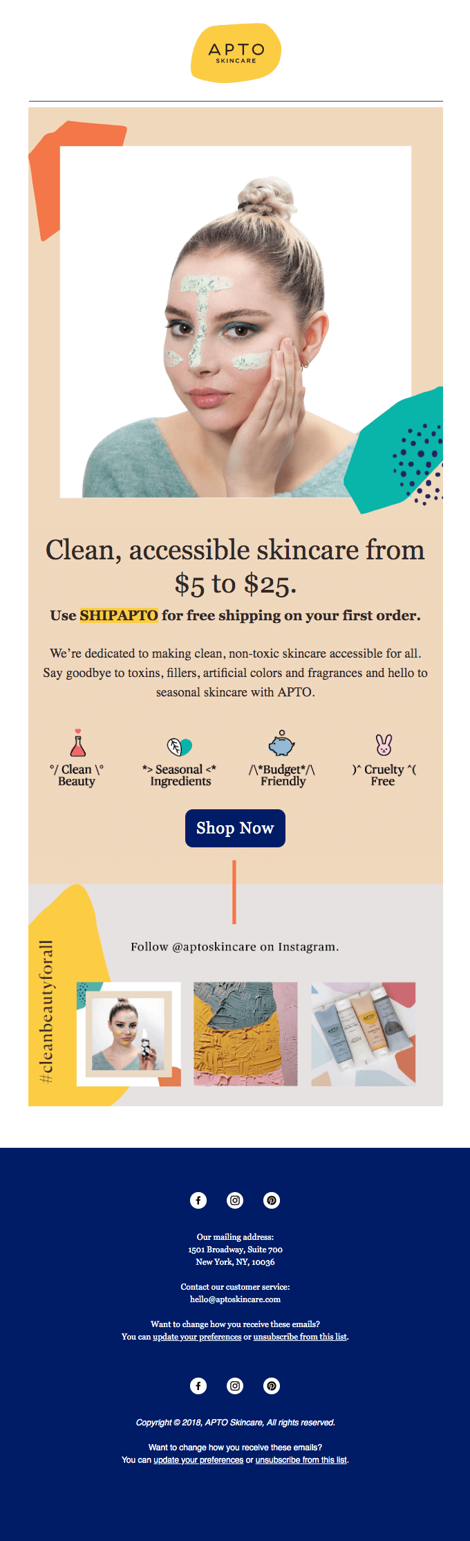 Apto Skincare outlines its value proposition - clean, budget-friendly, and cruelty-free - in its welcome emails. 