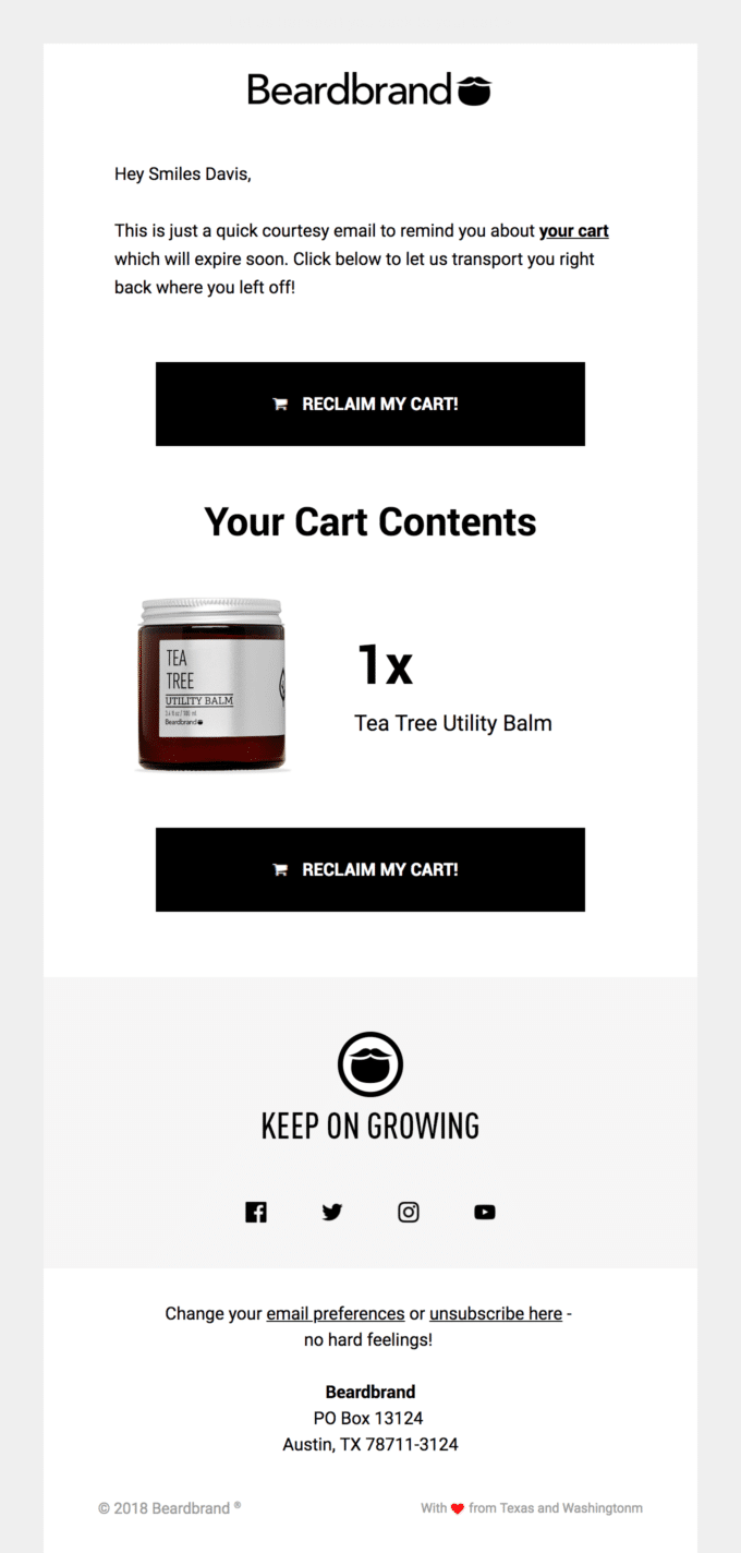 Beardbrand creates urgency by telling customers that their cart will expire soon. 