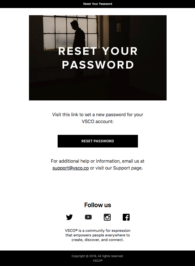 VSCO keeps its password recovery emails short and straightforward. 