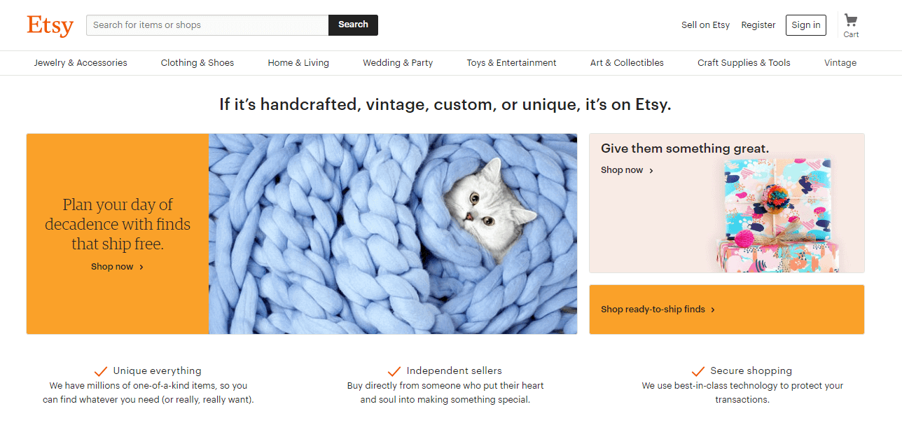 Etsy clearly displays its value proposition