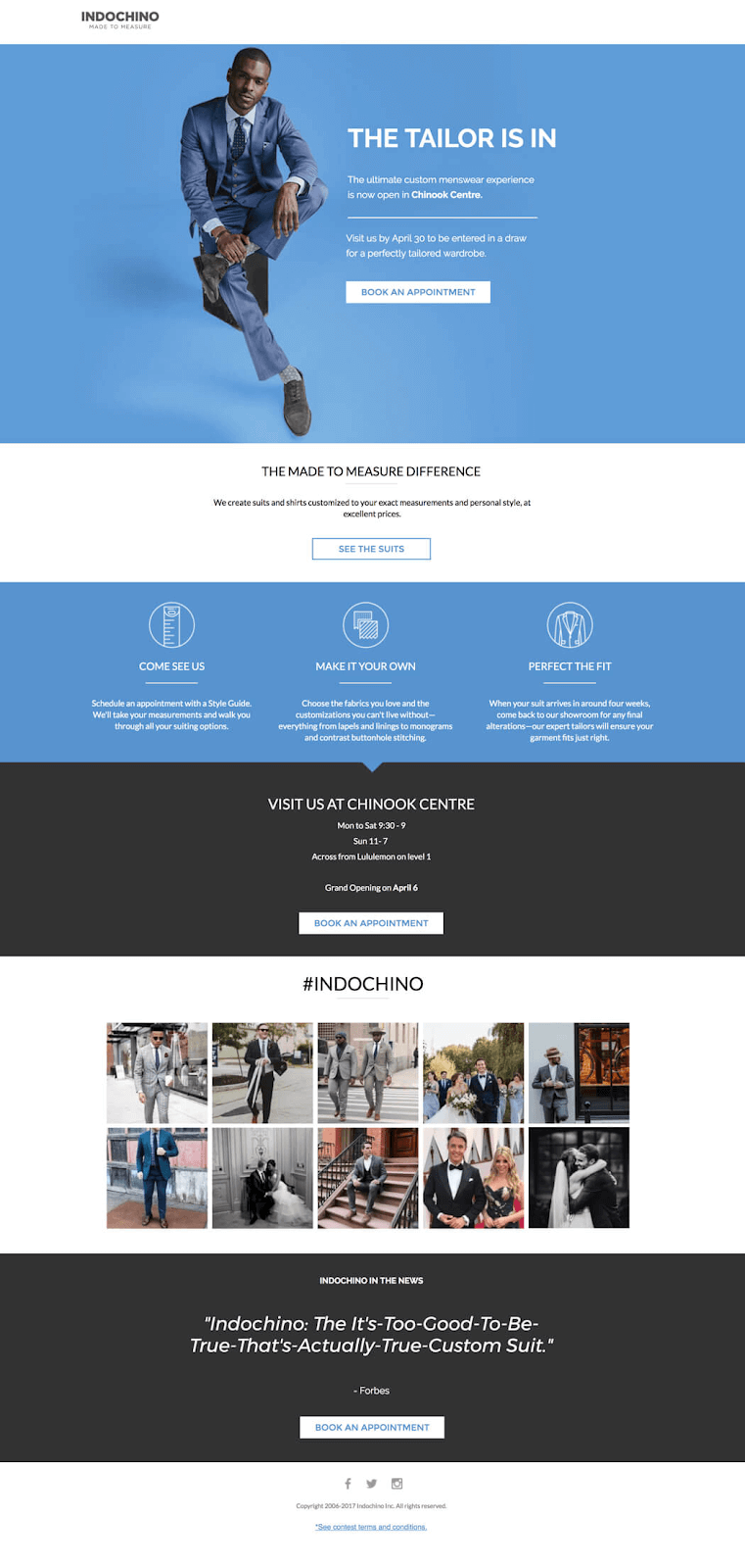 Indochino's landing page has a perfect color balance