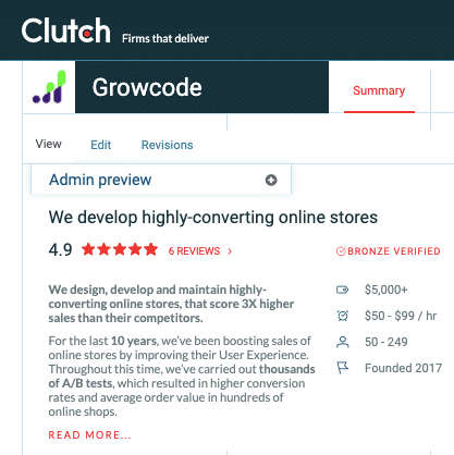 The graphic presents a description of Growcode and opinions on the Clutch website