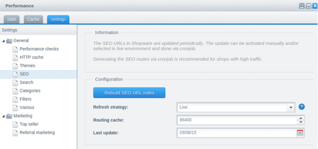 This is an example of the SEO page helping users to utilize Shopware's efficient visibility engine